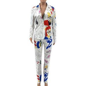 Womens Sexy 2pcs Denim Printed‎ Zipper Jackets Bodycon Pants Party Tracksuit Set